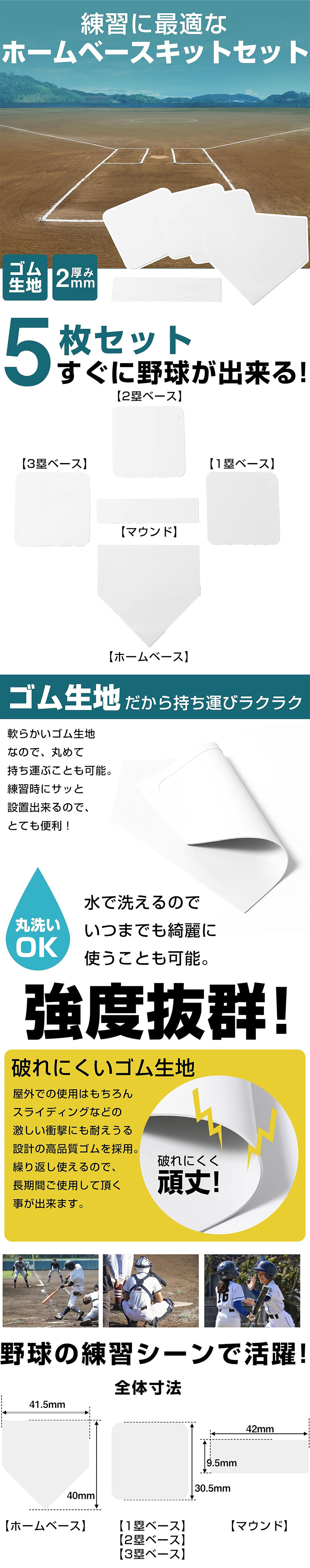 ホームベースキットセットのLP一枚画像。 練習に最適なホームベースキットセット！ ・ゴム生地 ・厚み2mm ●5枚セットすぐに野球が出来る！：ホームベース、1塁ベース、2塁ベース、3塁ベース、マウンド ●ゴム生地だから持ち運びラクラク：軟らかいゴム生地なので、丸めて持ち運ぶことも可能。練習時にサッと設置出来るので、とても便利！ ●丸洗いOK：水で洗えるのでいつまでも綺麗に使うことも可能。 ●強度抜群！：破れにくいゴム生地。屋外での使用はもちろんスライディングなどの激しい衝撃にも耐えうる設計の高品質ゴムを採用。繰り返し使えるので、長期間ご使用して頂く事が出来ます。 ●野球の練習シーンで活躍！ ●全体寸法：・ホームベース/41.5mm×40mm ・1塁ベース、2塁ベース、3塁ベース/30.5mm ・マウンド/42mm×9.5mm ※表記は約となります。